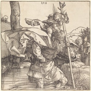 Saint Christopher by Albrecht Dürer, created 1511, in woodcut on laid paper. Download this artwork as a high-resolution wallpaper for desktop, tablet, or mobile — Albrecht Dürer Wallpaper
