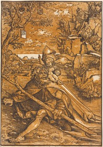 Saint Christopher by Lucas Cranach (I), created 1506, in chiaroscuro woodcut printed in brown-orange and black. Download this artwork as a high-resolution wallp — Lucas Cranach (I) Wallpaper