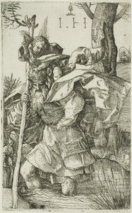 Saint Christopher by Hieronymous Hopfer, created n.d., in Etching in black on paper. Download this artwork as a high-resolution wallpaper for desktop, tablet, o — Illustration Background