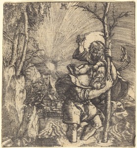 Saint Christopher by Albrecht Altdorfer, created c. 1515/1520, in engraving on laid paper. Download this artwork as a high-resolution wallpaper for desktop, tab — Art Picture