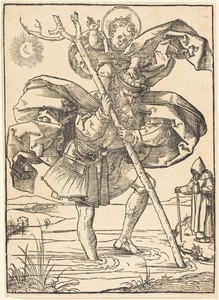Saint Christopher by Hans Sebald Beham, created c. 1520, in woodcut on laid paper. Download this artwork as a high-resolution wallpaper for desktop, tablet, or 