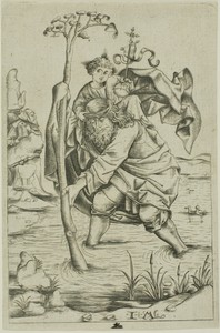 Saint Christopher by the younger Israhel van Meckenem, created 1500s, in Engraving in black on ivory laid paper. Download this artwork as a high-resolution wall — The younger Israhel van Meckenem Wallpaper