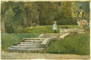 Saint-Cloud by Childe Hassam, created 1889, in Watercolor on paper. Download this artwork as a high-resolution wallpaper for desktop, tablet, or mobile. — Illustration Wallpaper