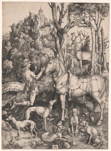 Saint Eustace by Albrecht Dürer, created c. 1501, in Engraving in black on ivory laid paper. Download this artwork as a high-resolution wallpaper for desktop, t — Illustration Background