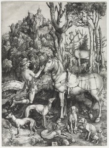 Saint Eustace by Albrecht Dürer, created c. 1501, in engraving. Download this artwork as a high-resolution wallpaper for desktop, tablet, or mobile. — Art Picture
