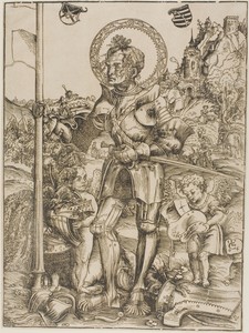 Saint George Standing by Lucas Cranach (I), created 1506, in Woodcut in black on cream laid paper. Download this artwork as a high-resolution wallpaper for desk — Illustration Wallpaper