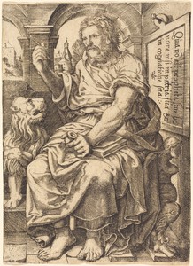 Saint Mark by Johann Ladenspelder, in engraving. Download this artwork as a high-resolution wallpaper for desktop, tablet, or mobile.