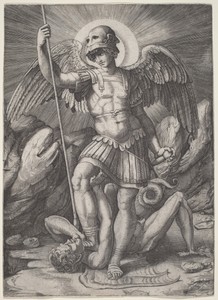 Saint Michael by Marco Dente, created c. 1520, in engraving. Download this artwork as a high-resolution wallpaper for desktop, tablet, or mobile. — Marco Dente Wallpaper