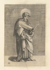 Saint Philip by Marco Dente, in engraving on laid paper, laid down on old album sheet. Download this artwork as a high-resolution wallpaper for desktop, tablet, — Art Wallpaper