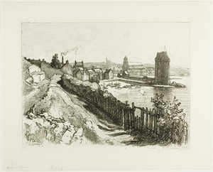Saint-Servan by Louis Auguste Lepère, created 1912, in Etching on cream wove paper. Download this artwork as a high-resolution wallpaper for desktop, tablet, or — Illustration Wallpaper