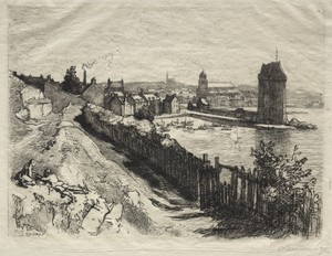 Saint-Servan by Auguste Louis Lepère, created 1912, in etching. Download this artwork as a high-resolution wallpaper for desktop, tablet, or mobile. — Auguste Louis Lepère Wallpaper