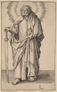 Saint Simon by Lucas van Leyden, created c. 1510, in engraving. Download this artwork as a high-resolution wallpaper for desktop, tablet, or mobile. — Lucas van Leyden Wallpaper