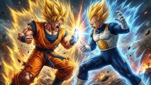Goku SSJ3 slåss mot Vegeta med energiblastar