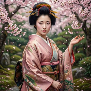 Kanae Sumida em um quimono entre flores de cerejeira.