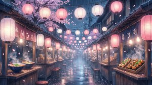 En drömsk anime-inspirerad nattmarknad med körsbärsblommor i Japan