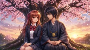 Nanami en Tomoe onder een sakura-boom in een romantische zonsondergangscène.