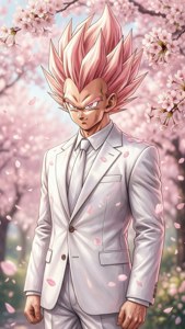 Vegeta dalam setelan putih di bawah bunga sakura
