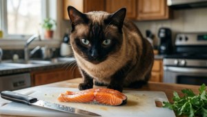 A Korat cat stares at salmon on a kitchen counter, humorous and bright scene with sharp focus.