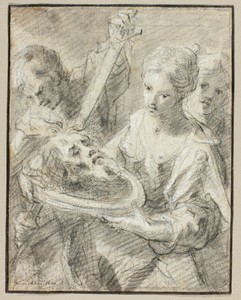 Salomé by Hans von Aachen, created 1605/10, in Black chalk and brush and gray wash, heightened with touches of white gouache, over traces of charcoal, on cream — Hans von Aachen Wallpaper