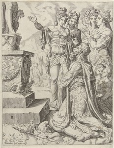 Salomo's afgoderij by Dirck Volckertsz. Coornhert, created 1551, in paper; etching; engraving. Download this artwork as a high-resolution wallpaper for desktop, — Dirck Volckertsz. Coornhert Wallpaper