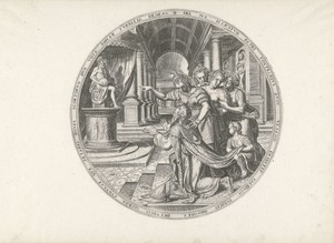 Salomo's afgoderij by Philips Galle, created c. 1569, in paper; engraving. Download this artwork as a high-resolution wallpaper for desktop, tablet, or mobile. — Philips Galle Wallpaper