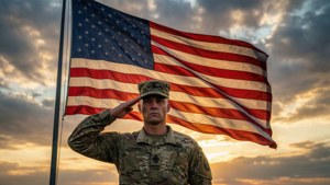 Seorang prajurit memberi hormat di depan bendera Amerika raksasa saat fajar.
