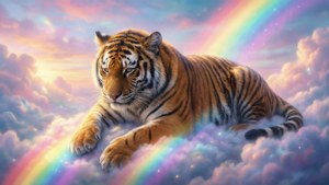 El tigre Sambo tumbado en una nube mirando un arcoíris en un cielo pastel de ensueño