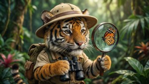 Sambo o tigre como um pequeno explorador com chapéu de safari e binóculos em uma selva