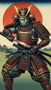 Android robot in traditional samurai armor with katana.