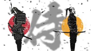 Two anime-style samurai warriors in combat stances with swords against red and yellow suns. — Samurai Background