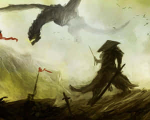 Warrior with sword faces off a flying dragon in a misty battlefield with red banners. — Samurai Wallpaper