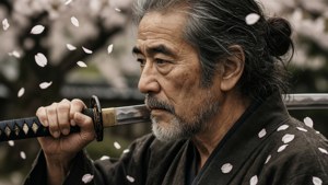 Takeshi Kitano som en ældre samurai med katana, kirsebærblomster, sepia-toner