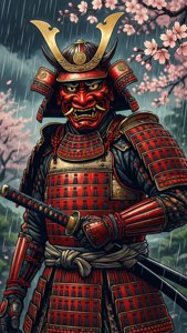 En samurai med djevelhorn i kirsebærblomstregn.