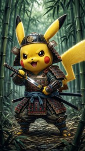 Un dramático samurai Pikachu en estilo pincel de tinta
