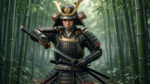 Tsuki como samurai em uma floresta de bambu enevoada sacando uma katana.