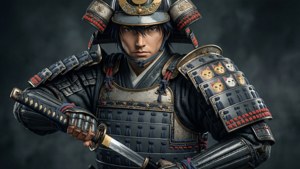 Vash i grå samurai-rustning med ni katte-emblem, holder en katana