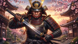 Spanduk samurai anime epik dengan bunga sakura dan latar belakang matahari terbenam yang dramatis.