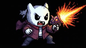 A pixel art sprite of Sans summoning a Gaster Blaster in battle.
