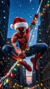 Spider-Man svinger gennem byen med en julemandshue og julelys.