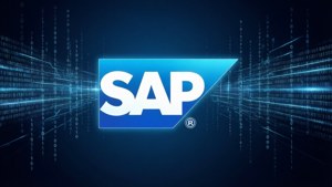 Cyberpunk-stil med SAP-logotyp och dataströmmar.