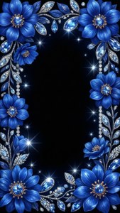 Blauer Blumenrand mit Saphir-Edelstein-Akzenten auf schwarzem Hintergrund, glamourös.