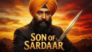 Ajay Devgn como Son of Sardaar, turbante, espada, pôr do sol dramático.