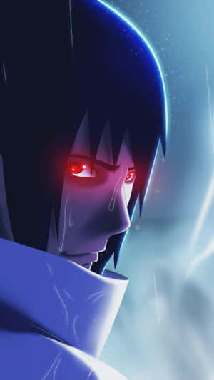 Anime character with red eyes and tears in a glowing blue cosmic scene. — Sassy The Sasquatch Wallpaper