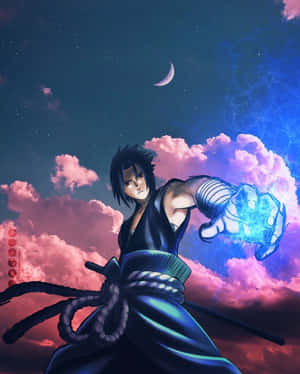 Ninja de anime em vestes azuis canaliza chakra azul brilhante contra céu crepuscular com nuvens rosas e lua crescente — Sassy The Sasquatch Papéis de Parede
