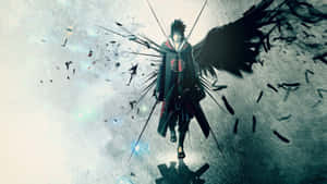 Anime-Charakter mit schwarzen Flügeln und Umhang, umgeben von zersplitterten Fragmenten und leuchtenden Partikeln. — Naruto Und Sasuke Bilder Hintergrund Wallpaper