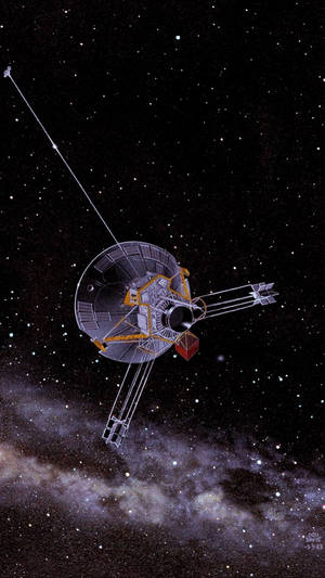 Uma nave espacial detalhada flutuando no espaço acima de uma nebulosa colorida. — Telefone espacial Papéis de Parede