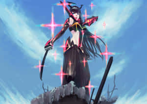 Anime girl in black armor holding glowing sword on rocky cliff against blue sky with pink stars. — Satsuki Kiryuin Picture