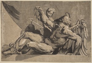 Saturn by Giuseppe Nicolo Vicentino, created 1525/1530, in chiaroscuro woodcut in four grays. Download this artwork as a high-resolution wallpaper for desktop, — Art Picture