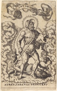 Saturn by Theodor de Bry, created c. 1570/1598, in engraving. Download this artwork as a high-resolution wallpaper for desktop, tablet, or mobile. — Theodor de Bry Wallpaper