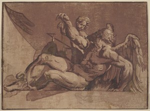Saturn by Giuseppe Nicolo Vicentino, created 1525/1530, in chiaroscuro woodcut in four violets. Download this artwork as a high-resolution wallpaper for desktop — Giuseppe Nicolo Vicentino Wallpaper